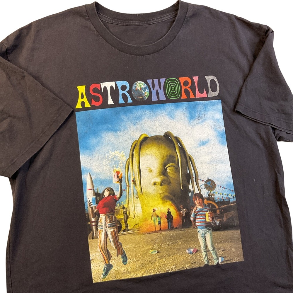 Travis Scott Astroworld Tour Graphic T-Shirt Mens 2XL Black Distressed Rap Tee‎